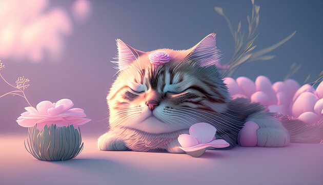 Un sue&ntilde;o en tonos pastel: el encanto de un lindo gato peludo durmiendo en una nube