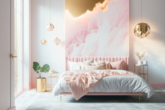 Beautiful bedroom in white and powder pink with a winter theme wall painting, Winter snow landscape, pink world frozen ice interior design pink bedsheets bed bedroom, Generative AI illustrations
