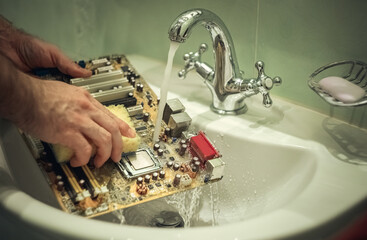 Cleaning the computer from viruses under the water jet in the faucet.Wash the electronic components with soap. Cleaning the computer board with water in the sink.