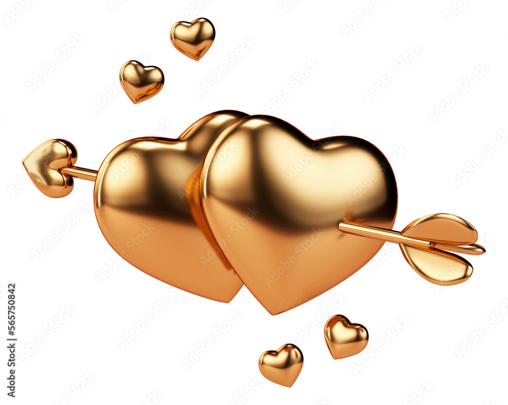 Poster two golden hearts pierced by an arrow isolated object on a transparent background in 3d rendering