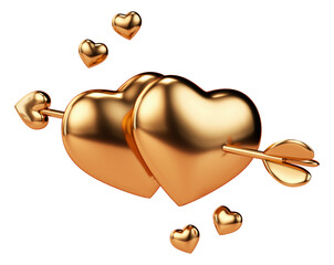 Two golden hearts pierced by an arrow isolated object on a transparent background in 3D rendering