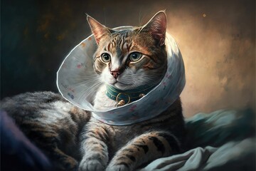 sad cat in veterinary collar after the operation created with Generative AI technology