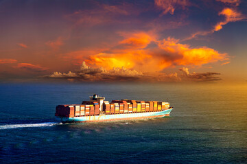 Container ship at sunset