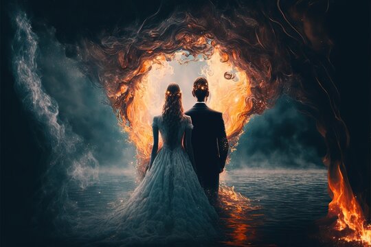 Created With Generative AI Technology. Unhappy Bride And Groom In Anticipation Of A Bad Marriage. The Fire Devours The Young Couple