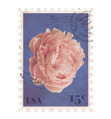 Floral vintage Postage Stamp. Retro Printable post stamp with Peony flower. Aesthetic cutout Scrapbooking elements for wedding invitations, notebooks, journals, greeting cards, wrapping paper