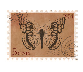 Vintage Postage Stamp with Butterfly. Retro Printable post stamp. Aesthetic cutout Scrapbooking elements for wedding invitations, notebooks, journals, greeting cards, wrapping paper