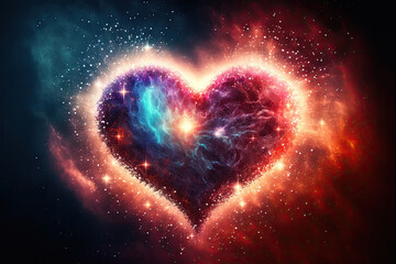 Valentin's day heart shaped by fireworks on a starry dark sky. Background illustration created with Generative AI.