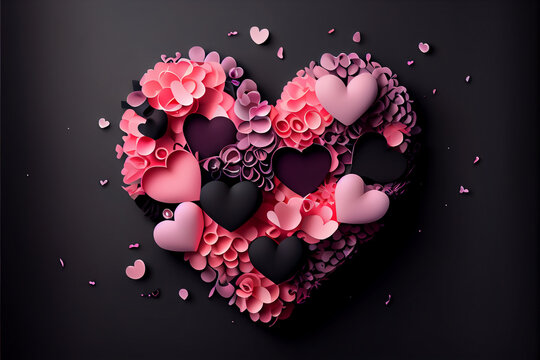 Abstract pink and black illustration of hearts romantic background wallpaper made with generative AI