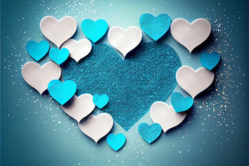 Abstract blue and white illustration of hearts and glitter romantic background wallpaper made with generative AI