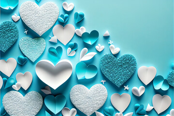 Abstract blue and white illustration of hearts and glitter romantic background wallpaper made with generative AI