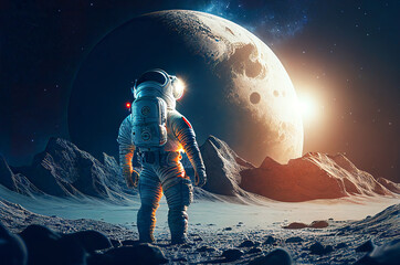 Obraz premium Astronaut on the moon or extraterrestrial planet. Alone and watching the night space sky. Generative ai illustration