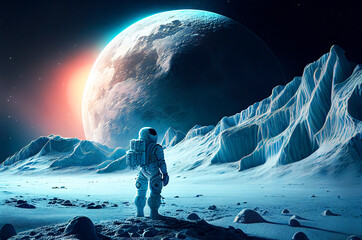 Astronaut on the moon or extraterrestrial planet. Alone and watching the night space sky. Generative ai illustration