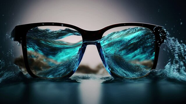 Cinemagraph of eyeglasses with water waves, ai generated
