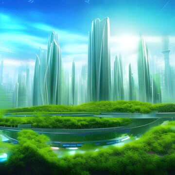Green futuristic city scenery - generative ai