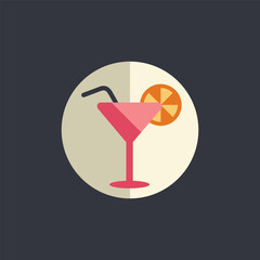 Alcohol cocktail with orange slice flat style vector icon