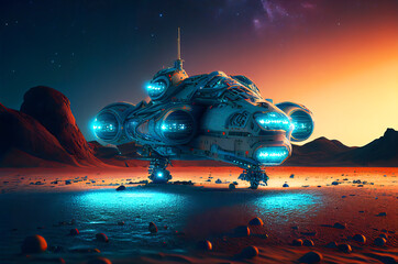 Extraterrestrial spaceship on the alien planet sorrounded with neon glowing lights generative ai illustration