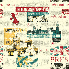 Vector seamless pattern with UK or London newspaper. Page of newspaper or magazine with headings, illustrations and unreadable text. Can be used as wallpaper, wrapping paper or fabric