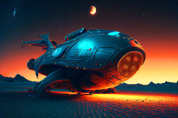 Extraterrestrial spaceship on the alien planet sorrounded with neon glowing lights generative ai illustration