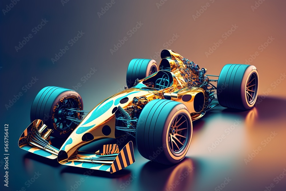 Poster formula one racing vehicle with broad tires and a low profile powered by self-learning artificial in