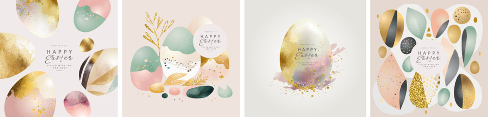 Happy easter. Vector with gold abstract illustration of easter eggs, pattern for modern greeting card, background or poster - 565756408