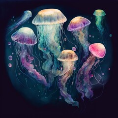 Colorful Group of  Watercolor Jellyfish with Dark Background [AI Generative]