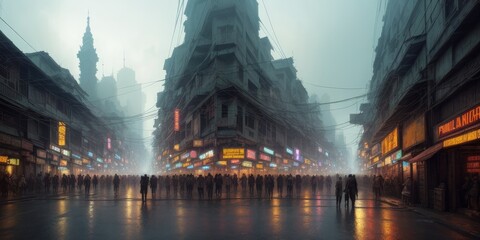 Fototapeta premium Asian city in cyberpunk style. Streets with a view to the future