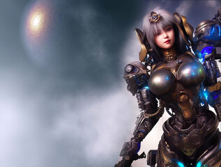 Fototapeta na wymiar Beautiful Asian Woman Robot Cyborg Heavy Armor with Blue Lights Sci-Fi Generative AI Illustration