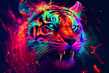 Tiger reflective neon glow colors painting illustration. Generative AI.