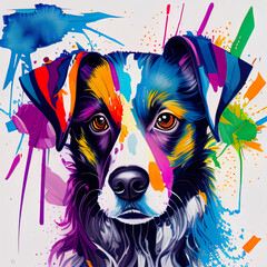 Watercolor abstract strokes of a dog with paint splatter, paint splash and paint drip
