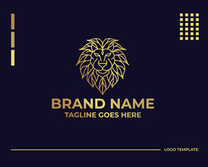 Minimal vector illustration of round shaped linear style logo design template of golden geometric lion head as aggressive apex predator