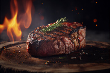 Tasty beef steak on cast iron grate with fire flames. Freeze motion barbecue concept. Ai generated - obrazy, fototapety, plakaty