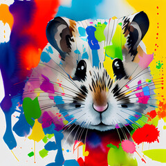 Watercolor abstract strokes of a hamster with paint splatter, paint splash and paint drip