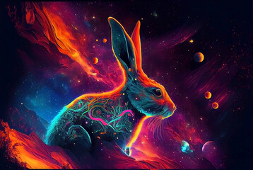 Rabbit reflective neon glow colors painting illustration. Generative AI.