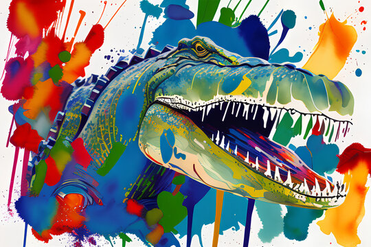 Watercolor abstract strokes of a alligator with paint splatter, paint splash and paint drip