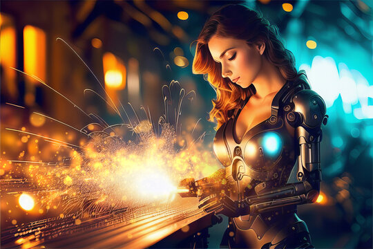 Beautiful Woman Cyborg Welding in a Factory Golden Sparks Generative AI Illustration