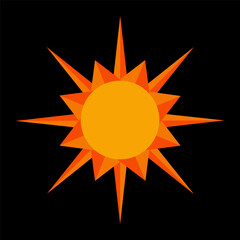 Sun flat vector icon. Bright yellow orange sun on black background.