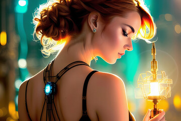 Profile of a Beautiful Woman, Eyes Closed Wearing a Dress with Light Holding a Futuristic Light Generative AI illustration
