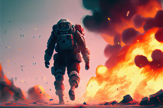 Futuristic Soldier Running Away From Giant Explosion, Digital Art Style Illustration. Fire Fighter Walk Into Fire Explosion