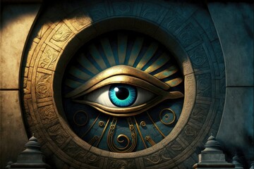 Eye of Horus, wedjat eye or udjat eye at the entrance to the temple of the Pharaohs abstract background. Generative AI