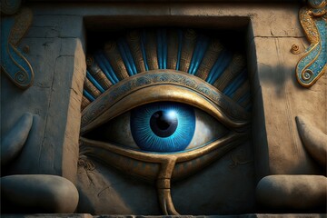 Eye of Horus, wedjat eye or udjat eye at the entrance to the temple of the Pharaohs abstract background. Generative AI
