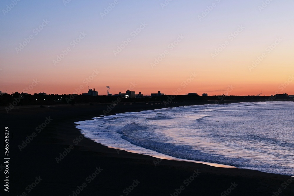 Canvas Prints Sunrise scene on the beach at dawn in winter. Natural background material.