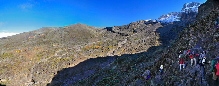 Climbing group on the Barranco Wall section of the Machame Route on Mt. Kilimanjaro.