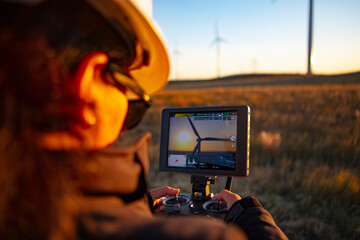 Female drone pilot flies in a wind farm at sunrise