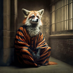 Fox in prison, behind the bars. Animal protection concept. Generative AI