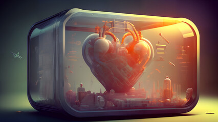 A large mechanical heart structure looms over a futuristic cityscape inside a large glass container. Generative AI