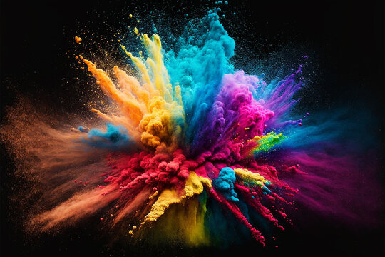 Colored powder explosion. Colorful traditional holi powder. Concept Indian color festival called Holi.  Abstract closeup dust. AI generative illustration