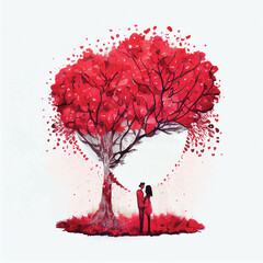 Couple in love hugging and kissing, Watercolor illustration of kissing and hugging couple under a heart tree. Valentine's day.