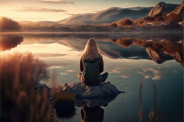 Fototapeta Woman sitting in front of a lake, adventure, Generative AI obraz