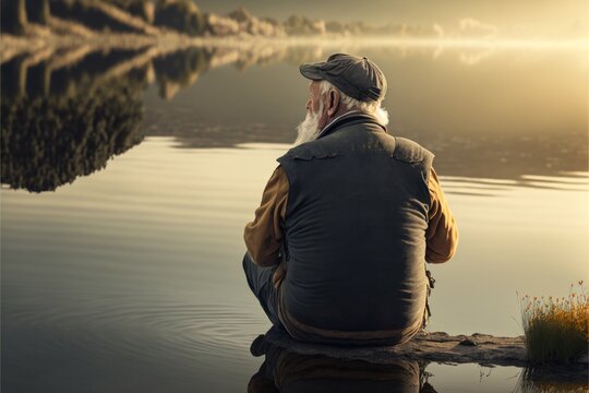 Old Man Sitting In Front Of A Lake, Generative AI