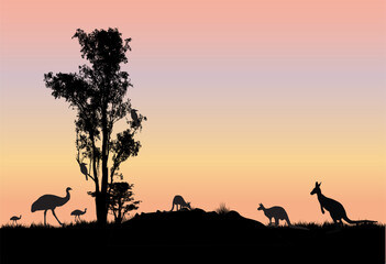 Fototapeta na wymiar gum tree with kangaroos Australian scene